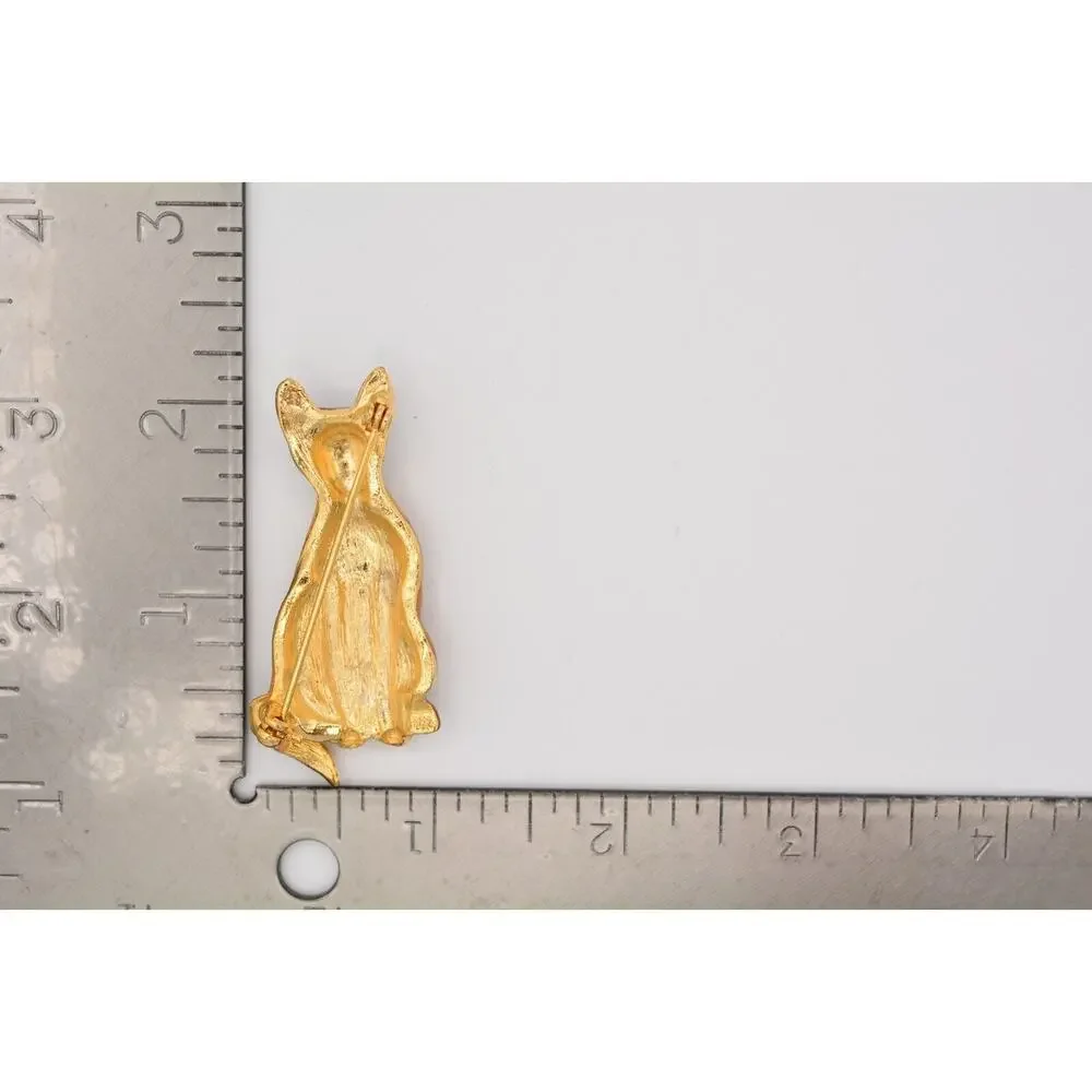 Vintage Siamese Cat Pin Brooch Brown Enamel Blue Eyes Gold Tone 1980s BinAT